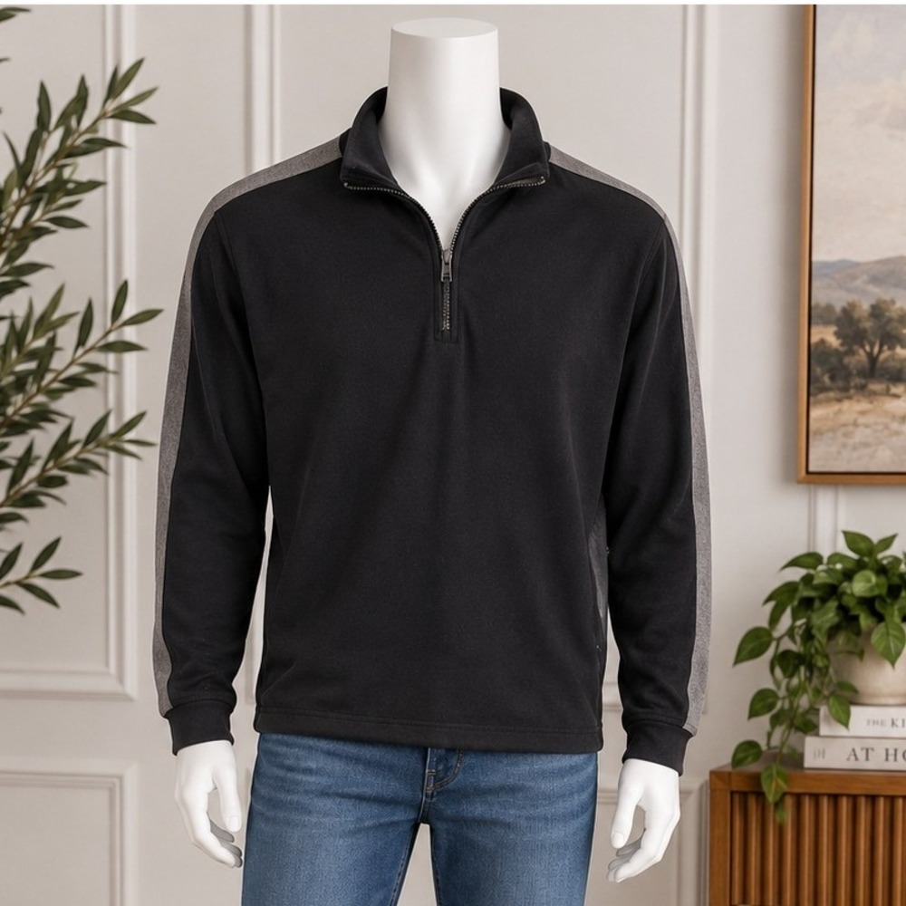 Eddie Bauer Mens Quarter Zip Pullover Ribbed Cotton Contrast Stripe Black L Tall